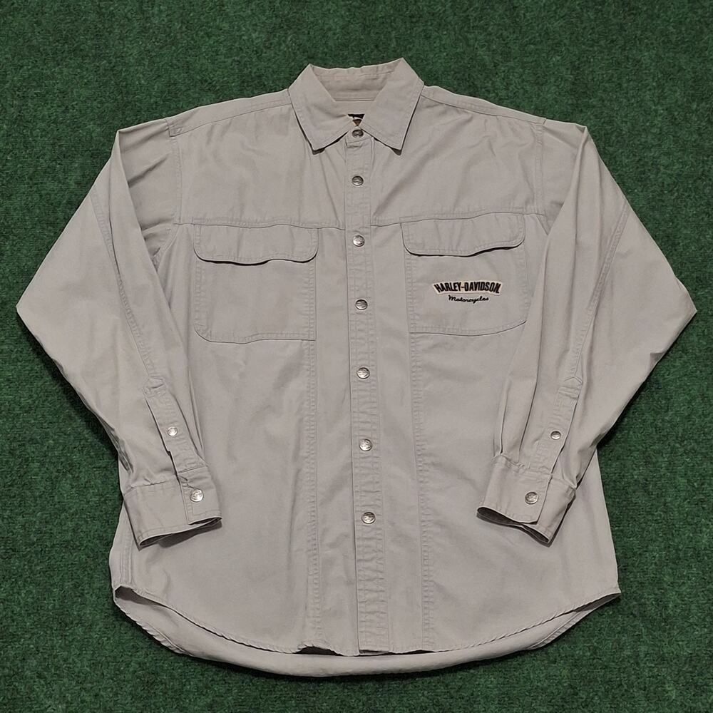 Harley Davidson Mens M TALL Button Embroidered Long Sleeve Button Shirt Gray